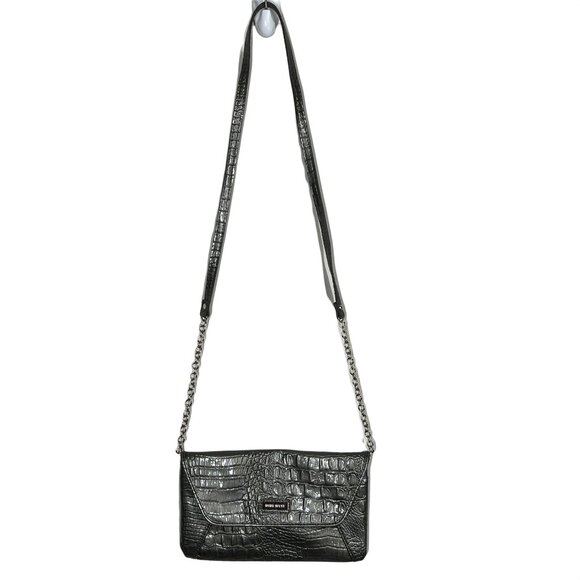 Nine West Gray Croc Embossed Shoulder Bag Chain Strap Faux Leather Purse - Picture 1 of 10